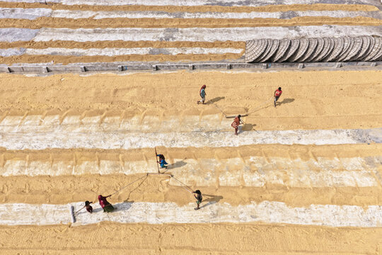 Brahmanbaria, Chittagong Division, Bangladesh - 24 January 2026: Aerial view of workers spreading and drying harvested rice grains on a large concrete yard in Ashuganj.