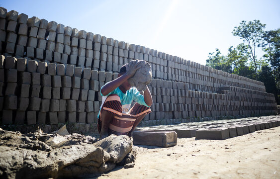 Feni, Bangladesh - 19 November 2024: View of a young boy working at a brick kiln, holding a lump of clay in front of large stacks of drying mud bricks under a clear sky.
