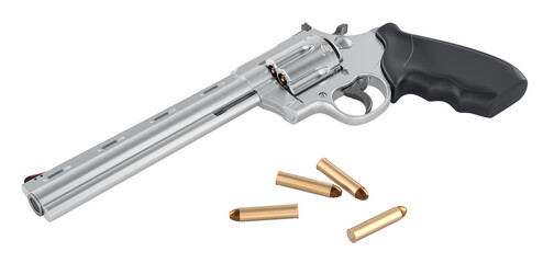 Fototapeta premium Silver long barrel revolver with ammunition. 3D rendering