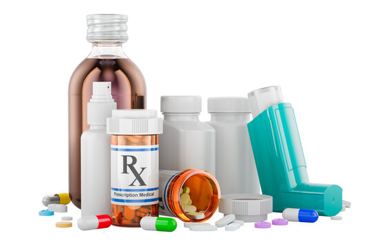 Prescription medicine bottles, pills and asthma inhaler. 3D rendering