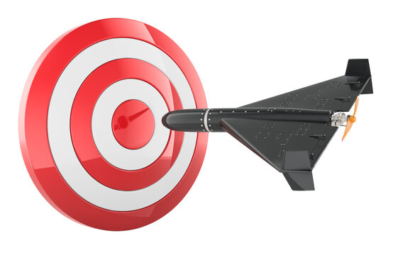 Military drone hitting bullseye target with precision strike. 3D rendering