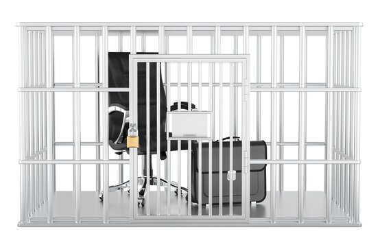 Office chair and briefcase locked in cage as career trap, 3D rendering