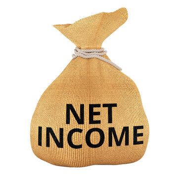 Net Income, burlap money bag. 3D rendering