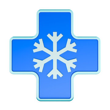 Medical cross with snowflake. Pharmaceutical cold chain, cryotherapy, refrigerated medicine storage and temperature control, 3d rendering