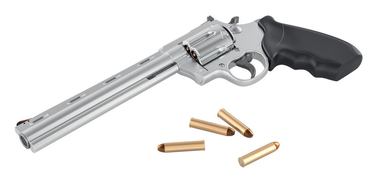 Silver long barrel revolver with ammunition. 3D rendering