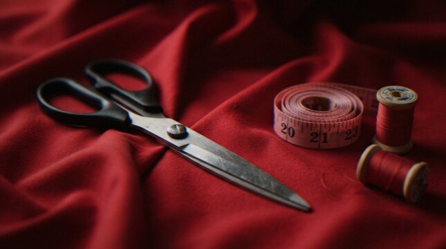 A top-down view of sewing essentials including scissors, a measuring tape, and thread spools resting on a rich red fabric background.