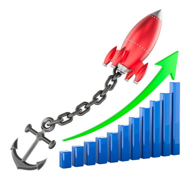 Rocket chained to anchor beside rising business growth chart. Business growth restrained by obstacles and limiting factors, concept. 3d rendering