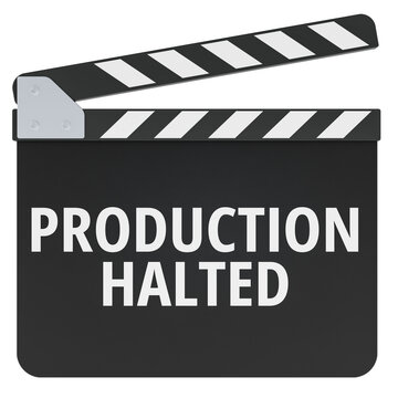 Production halted concept with film clapperboard. 3D rendering