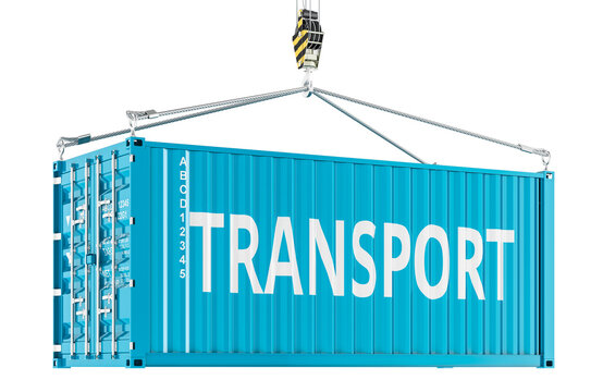Transport and Logistics concept with cargo container lifted by crane. 3D rendering