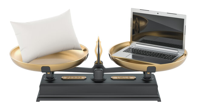 Balance scale with pillow and laptop, work and life balance concept. 3D rendering