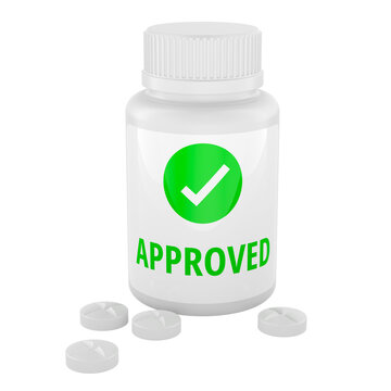 Approved pill bottle with tablets and green check mark. 3D rendering