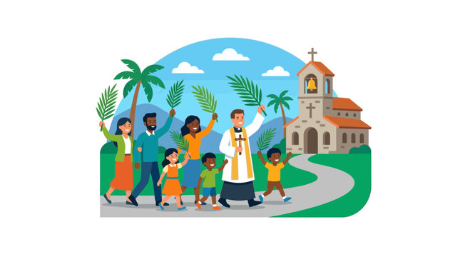Parishioners walk along a path toward a church building while carrying palm leaves during a religious procession.