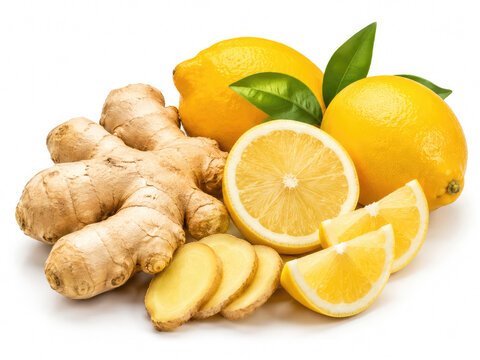 Fresh Ginger Root and Lemons with Slices on White Background for Healthy Nutrition