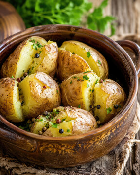 Rustic Baked Potatoes with Herbs in Ceramic Bowl Homemade Comfort Food