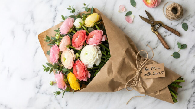 Colorful ranunculus flower bouquet wrapped in kraft paper with a for mom with love tag representing Mother's Day greeting, handmade floral gift, and sincere gratitude.