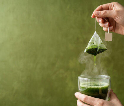 Hand holding a dripping pyramid tea bag with matcha green tea over a steaming glass cup representing healthy detox beverage, Japanese tea ceremony, and morning wellness routine.