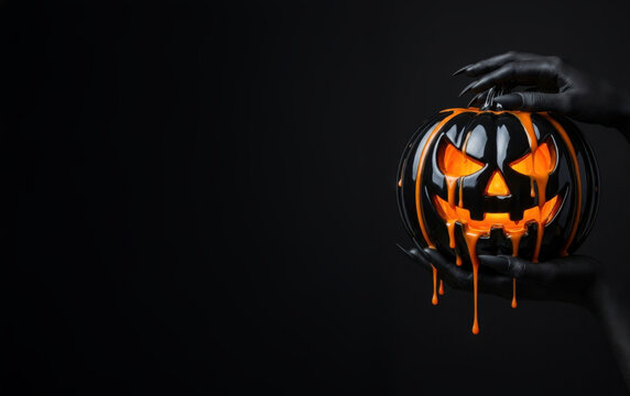 Creepy black hands holding a glowing black Jack o lantern pumpkin with dripping orange liquid on a dark background representing spooky Halloween festival, macabre autumn night, and gothic holiday cele