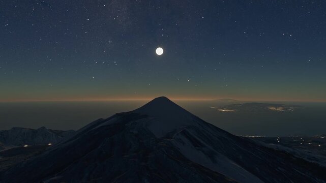 Night aerial view of Teide National Park under the full moon in La Orotava. Santa Cruz de Tenerife. Spain