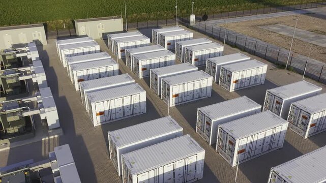 Aerial view of white battery storage containers arranged in rows at a facility in Dronten, Flevoland, Netherlands.