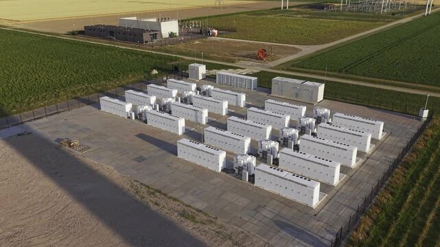 Aerial view of a battery energy storage system with rows of white containers in a rural field in Dronten, Flevoland, Netherlands.