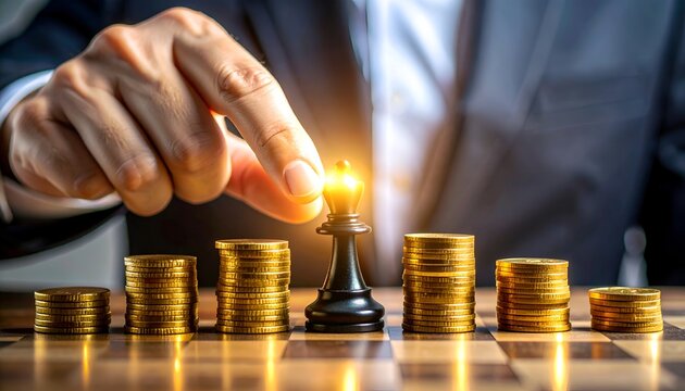 Business hand moving a chess pawn among stacks of gold coins, representing investment strategy, financial planning, leadership, risk management, and success.