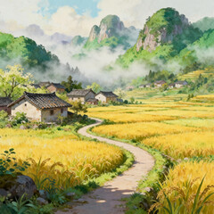 Fototapeta premium Oil Painting Chinese Golden Rice Terraces Mountain Village Morning Mist
