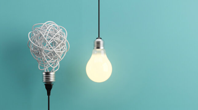 Creative problem solving concept showing a tangled wire bulb transforming into a glowing illuminated lightbulb symbolizing clear ideas and innovation