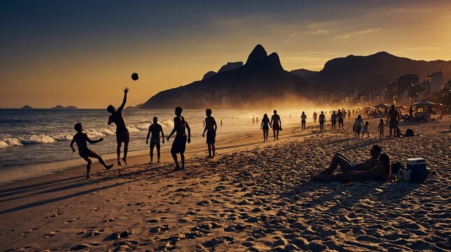 Silhouettes Playing Beach Volleyball on Ipanema Beach at Sunset