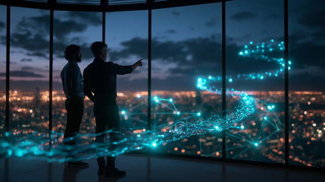Business Executives Looking at Digital Network Visualization Over City