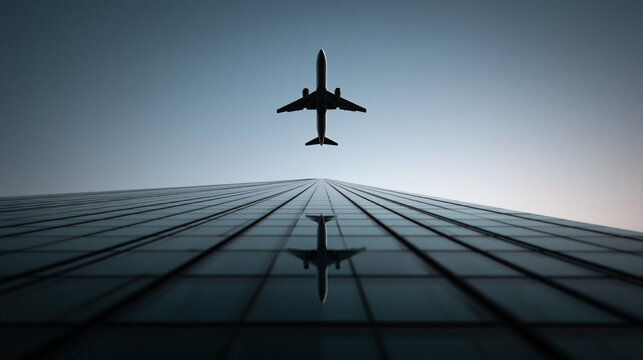 Airplane Flying Above Modern Skyscraper with Window Reflection