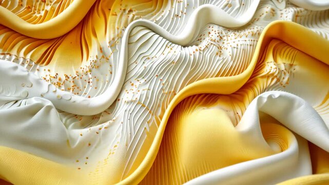 Abstract Textile Waves: Flowing waves of creamy white and golden yellow fabric create a rich, textured abstract pattern, evoking a sense of luxurious movement and delicate detail.