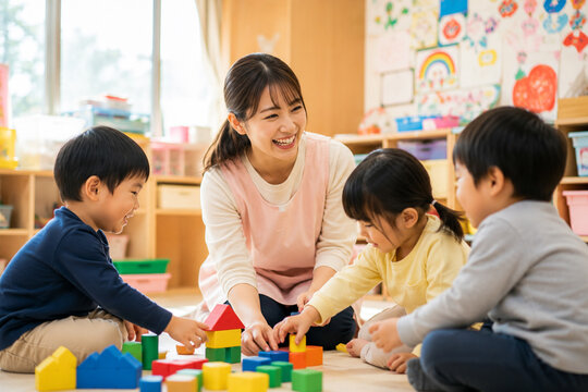 保育士と園児が積み木で遊ぶ様子