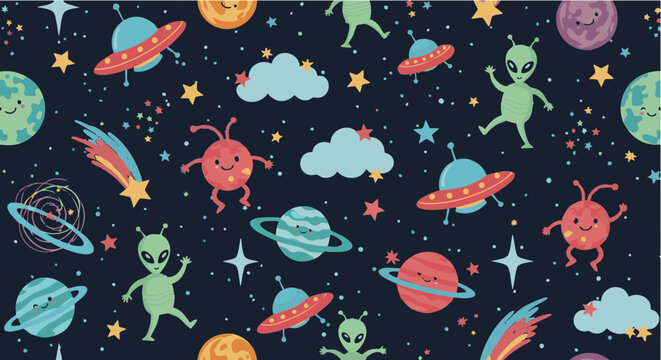 Whimsical outer space pattern with cute aliens and planets