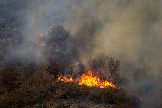 Aerial view of forest fire burning through trees with thick smoke rising over the hillside in Chianocco, Piedmont, Italy.