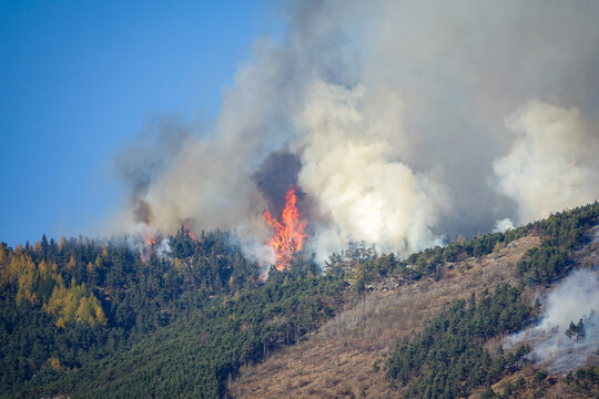 Aerial view of a forest fire burning on a hillside in the Susa Valley, with flames and thick smoke rising above the trees under a clear blue sky in Chianocco, Piedmont, Italy.
