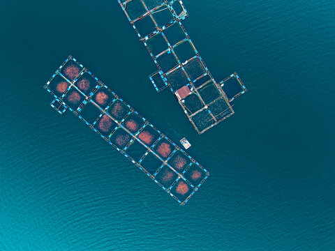 Aerial view of floating fish farming cages on the deep blue water of Waduk Wadaslintang in Kecamatan Wadaslintang, Jawa Tengah, Indonesia.