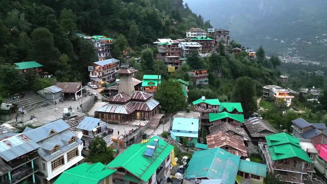 Aerial view of the historic Hidimba Devi Temple surrounded by lush green forests and traditional wooden houses in Manali, Himachal Pradesh, India.