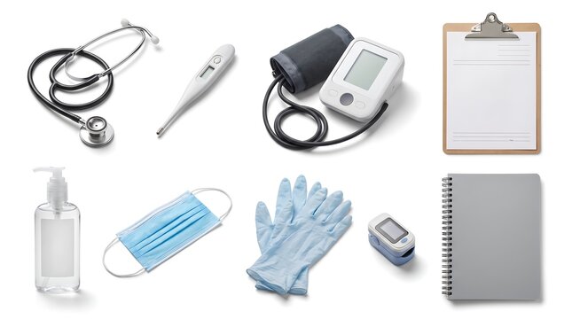 Collection of essential medical diagnostic tools and protective equipment on white background.