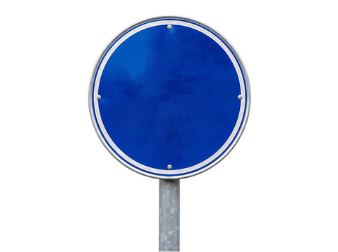Blank blue circular traffic road sign metal plate with direction information transport navigation isolated background infrastructure regulatory mandatory transparent background PNG