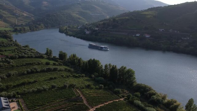 Aerial view of a river cruise ship sailing on the Douro River through the terraced vineyards of the Douro Valley in Cambres, Viseu, Portugal.