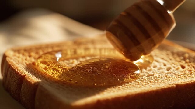 Golden Honey Drizzling Slowly Onto Toasted Bread Macro Close Up
