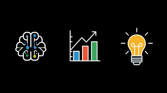 AI, Big Data, and business analytics icons represent the integration of advanced technology in analyzing graphs, business data, and market trends, driving strategic decisions and innovative solutions