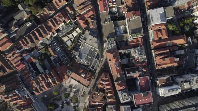 Aerial view of the historic city center of Porto with dense terracotta rooftops and narrow streets in Porto, Porto District, Portugal.