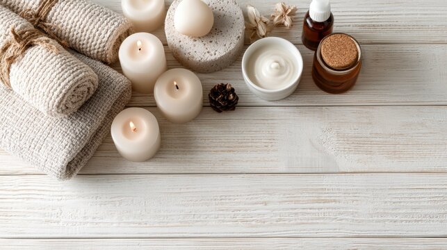 Beautiful spa treatment composition such as Towels, candles, essential oils, Massage Stones on light wooden background. blur living room, natural creams and moisturizing Healthy lifestyle, body care