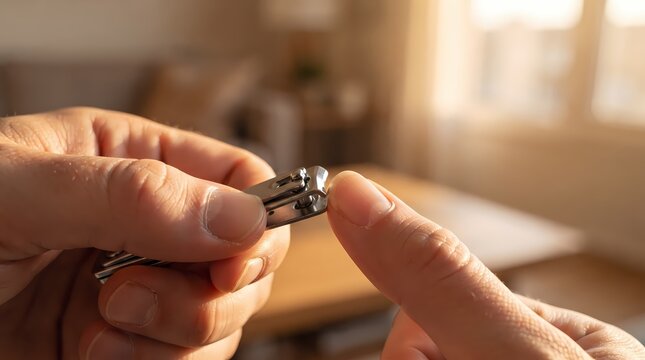 Close-up of a person carefully using metal nail clippers to trim their fingernails to maintain proper hand hygiene and aesthetic grooming habits