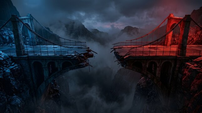 Dramatic broken bridge over a misty mountain chasm