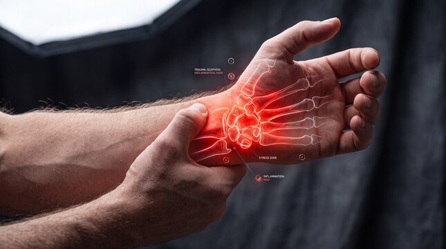 Human hand wrist pain diagnosis digital medical visualization overlay showing anatomical inflammation stress zone