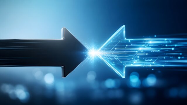 Digital transformation concept with solid black and glowing blue data arrows colliding representing integration and technological evolution