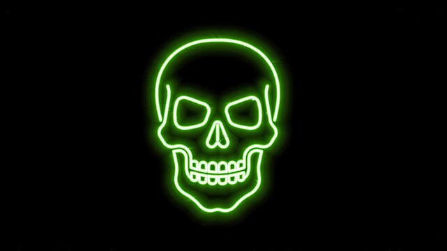Glowing green neon skull icon pulsing on a black background