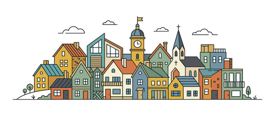 Naklejka premium Colorful cartoon town cityscape with diverse buildings